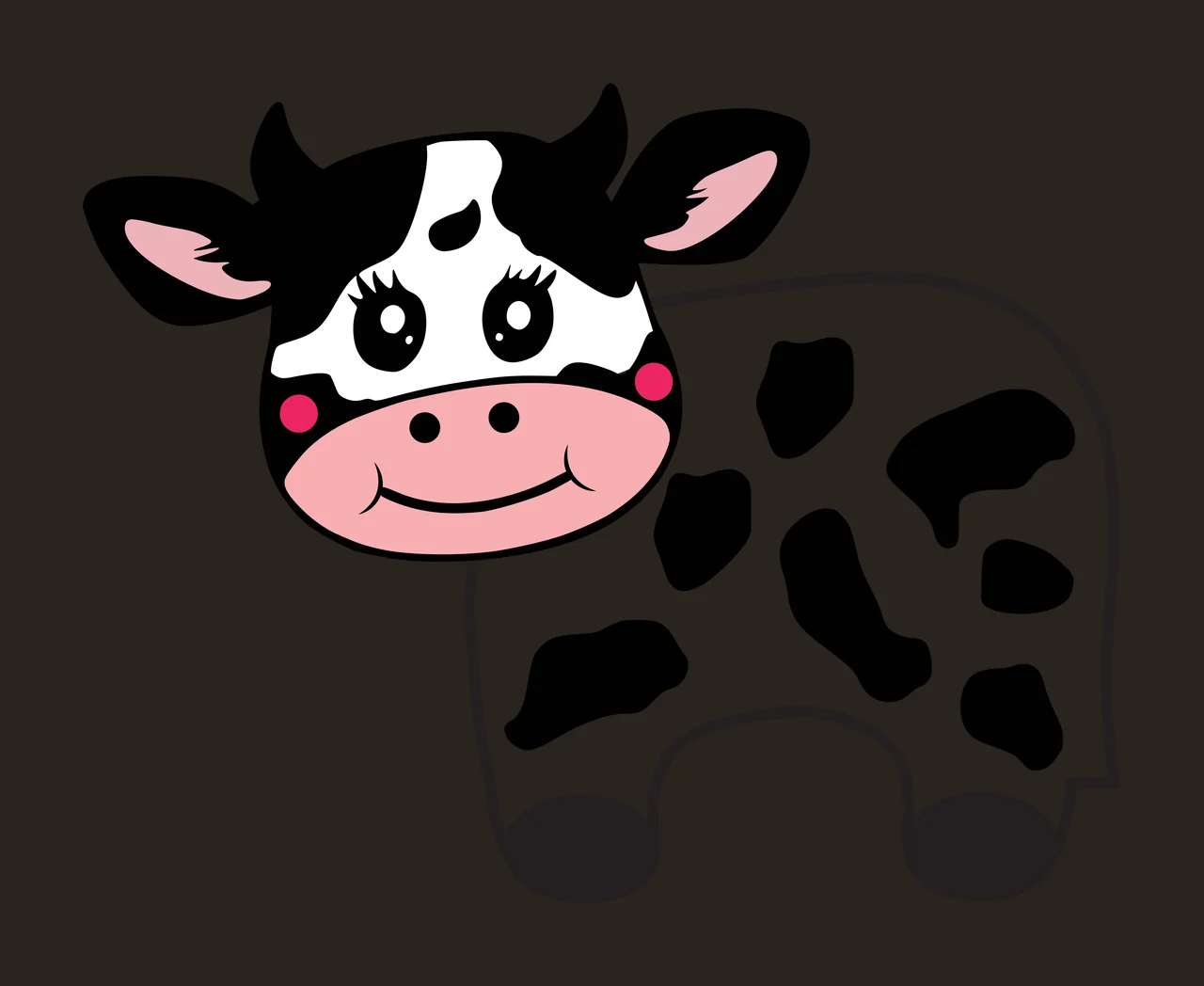 Cartoon cow Illustration with black spots, pink snout, pink cheeks and horns in white contrast preview thumbnail
