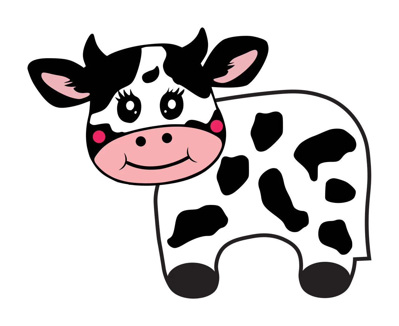 Cartoon cow Illustration with black spots, pink snout, pink cheeks and horns in white