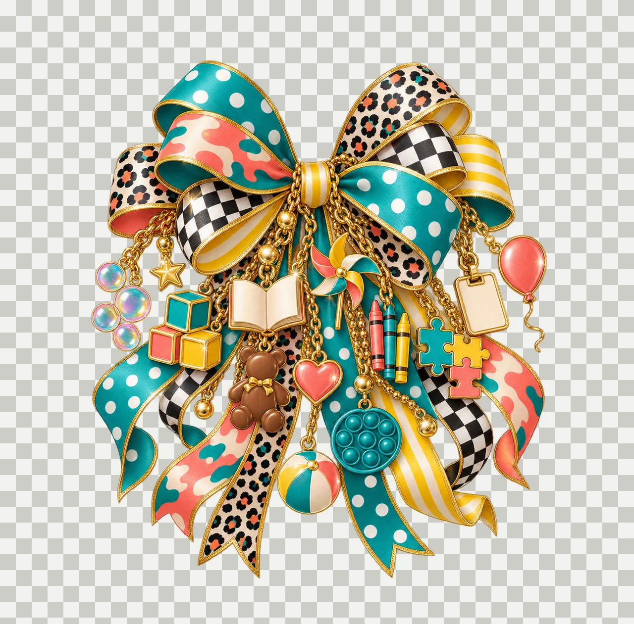 Child Life Specialist Bow Charm PNG, Themed Gold Chain Charms, Coquette Ribbon Sublimation Design, Transparent Digital Download transparency and detail preview thumbnail