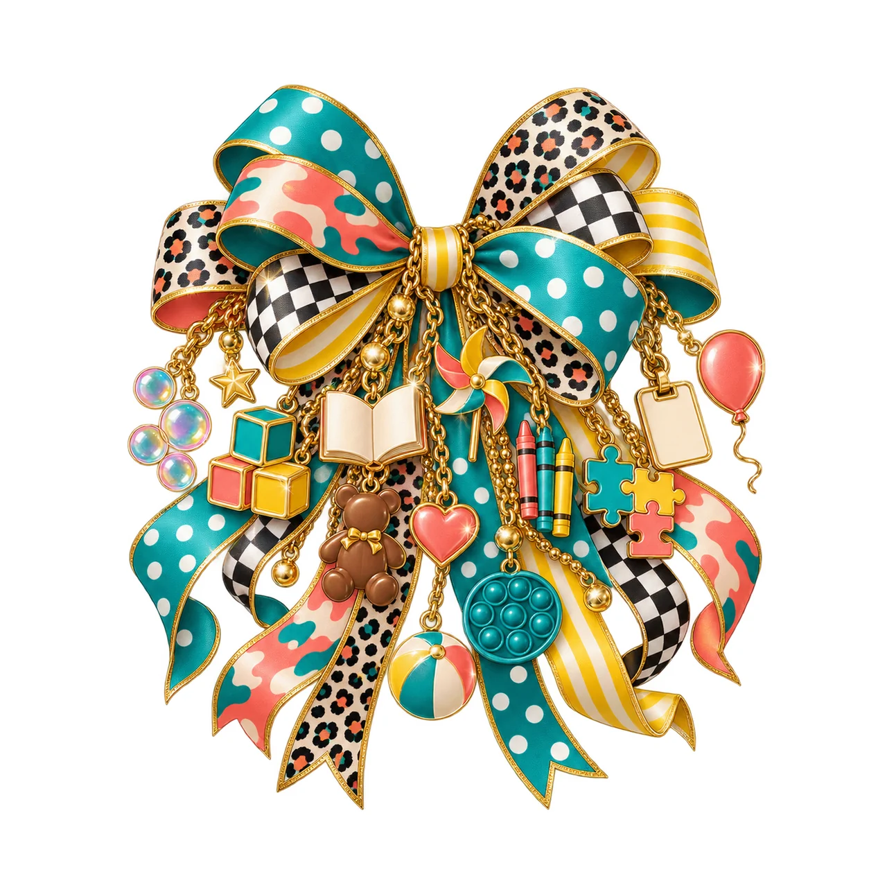 Child Life Specialist Bow Charm PNG, Themed Gold Chain Charms, Coquette Ribbon Sublimation Design, Transparent Digital Download
