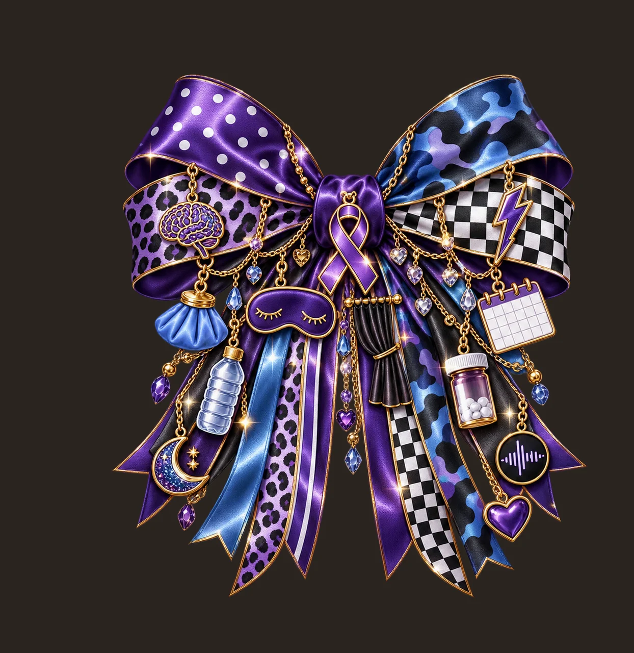 Migraine Awareness Bow Charm PNG, Themed Gold Chain Charms, Coquette Ribbon Sublimation Design, Transparent Digital Download contrast preview thumbnail