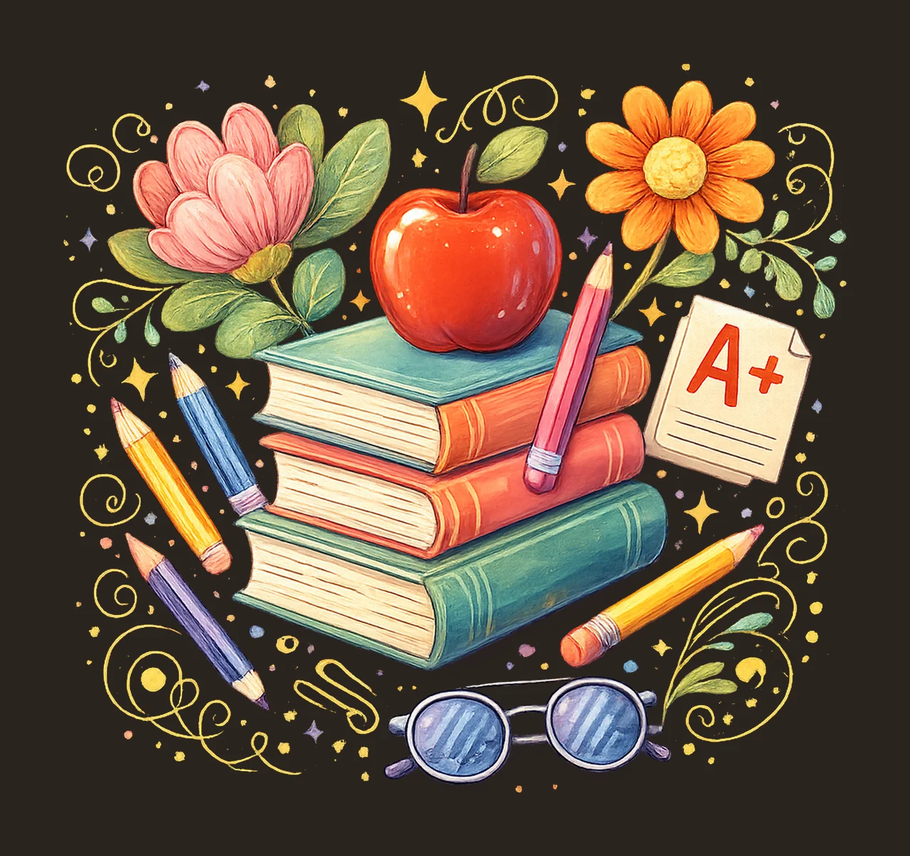 Retro Teacher Books Apple Flowers Design Sublimation Artwork contrast preview thumbnail