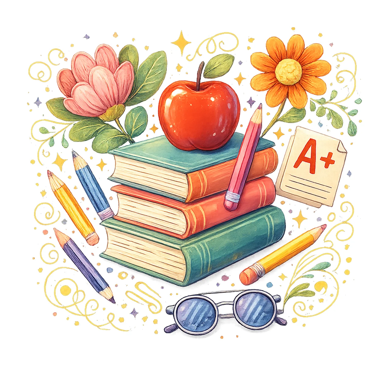 Retro Teacher Books Apple Flowers Design Sublimation Artwork