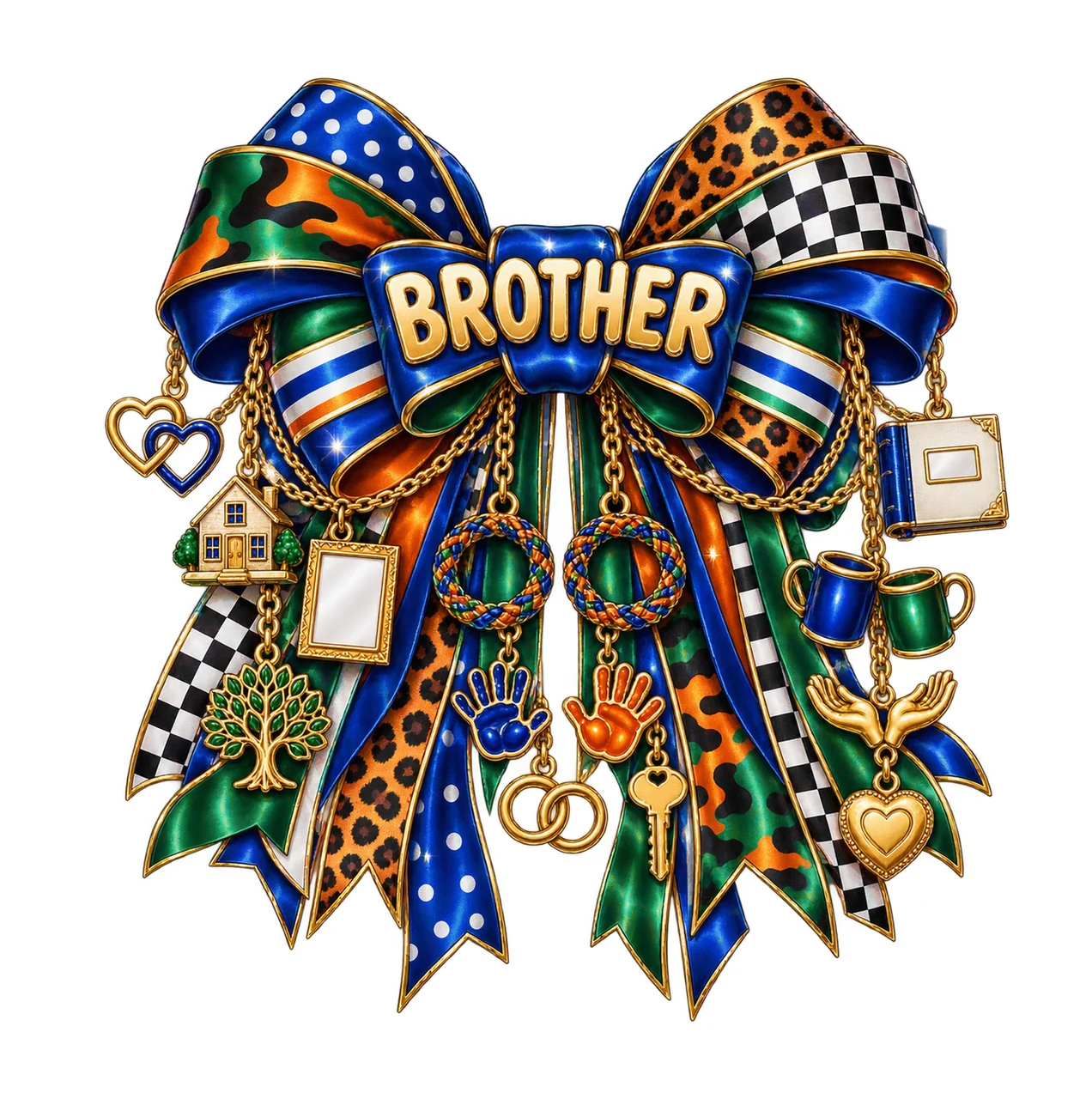 Brother Bow Charm PNG, Gold Chain Charms, Transparent Sublimation Design, Digital Download