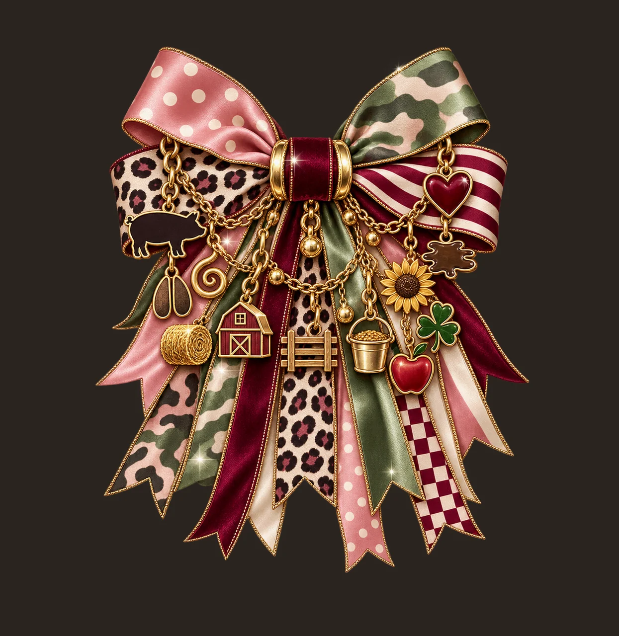Pig Lover Bow Charm PNG, Themed Gold Chain Charms, Coquette Ribbon Sublimation Design, Transparent Digital Download contrast preview thumbnail