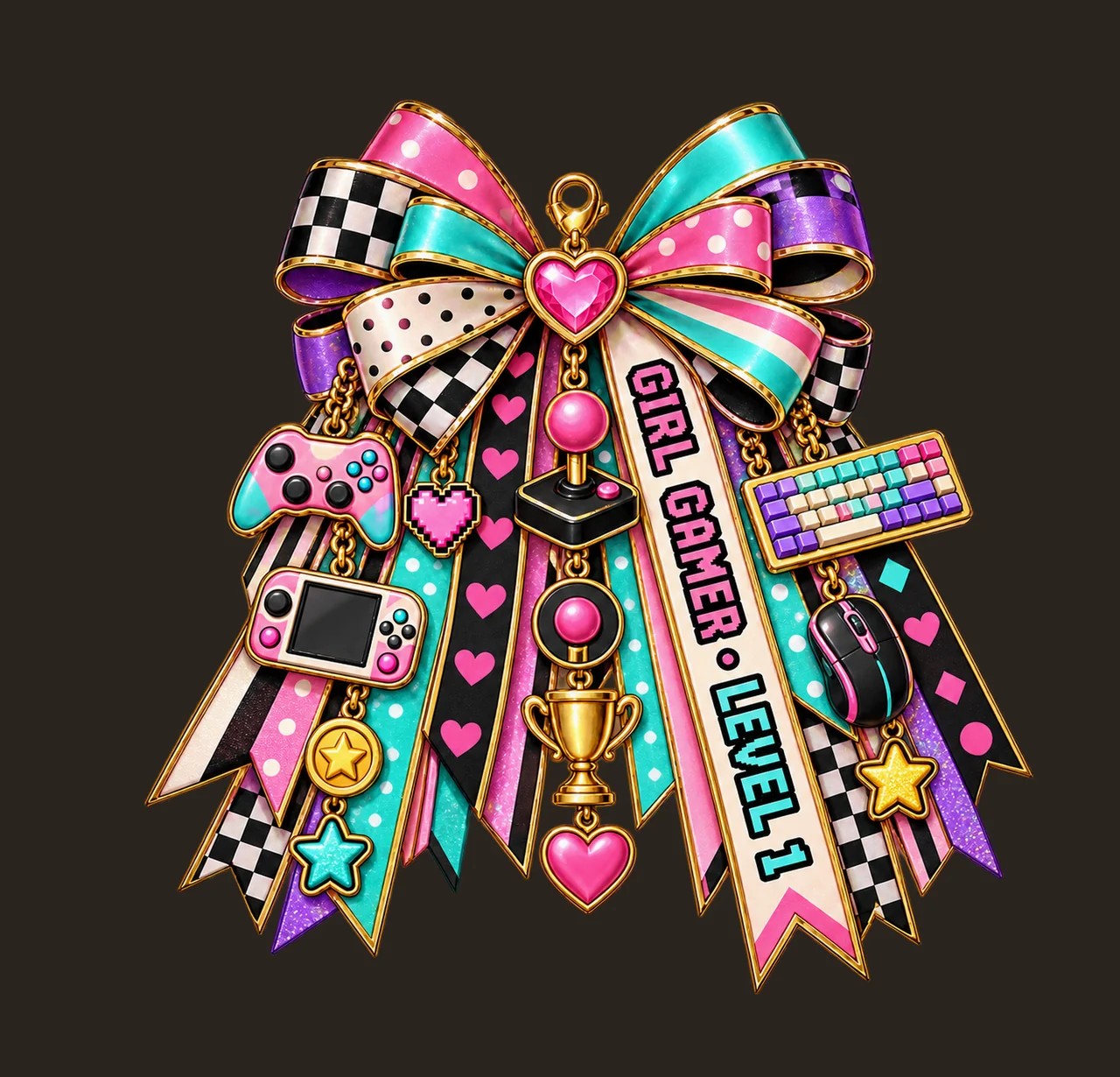 Girl Gamer Level 1 Bow Charm PNG, Patterned Coquette Bow Clipart, Transparent Sublimation Digital Download contrast preview thumbnail