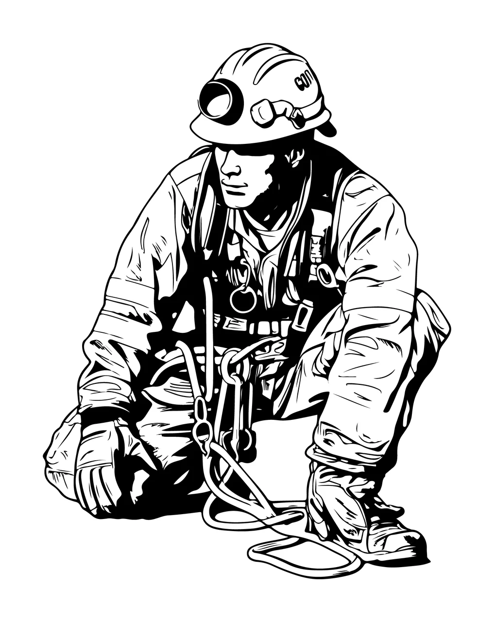 001 Worker In Hard Hat Crouching Down harness ropes Graphic