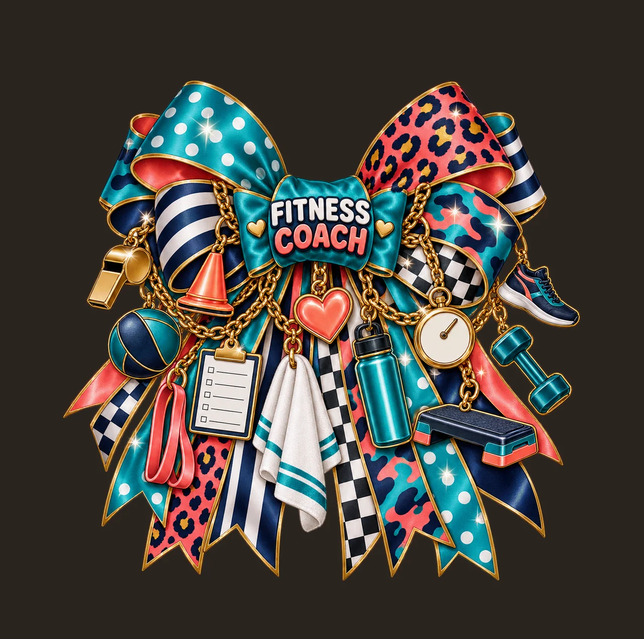 Fitness Coach Bow Charm PNG, Gold Chain Charms, Transparent Sublimation Design, Digital Download contrast preview thumbnail
