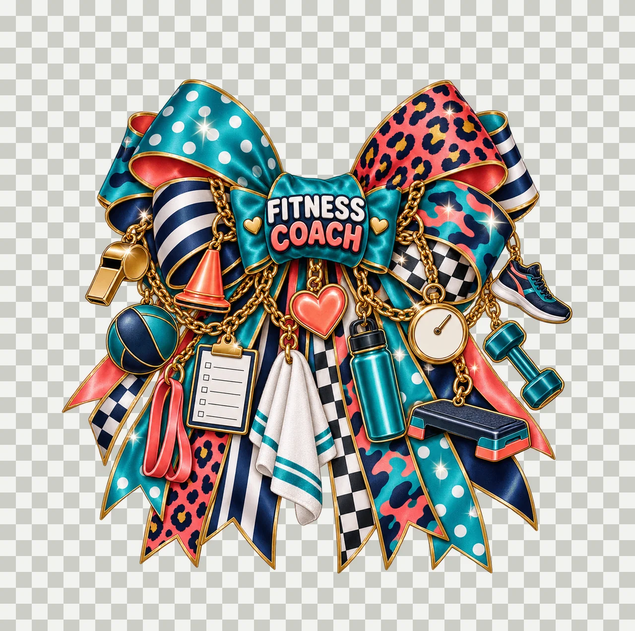 Fitness Coach Bow Charm PNG, Gold Chain Charms, Transparent Sublimation Design, Digital Download transparency and detail preview thumbnail