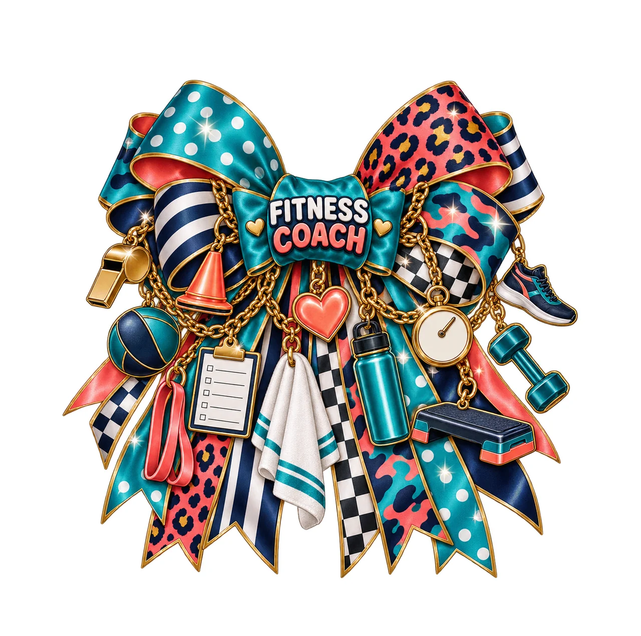 Fitness Coach Bow Charm PNG, Gold Chain Charms, Transparent Sublimation Design, Digital Download