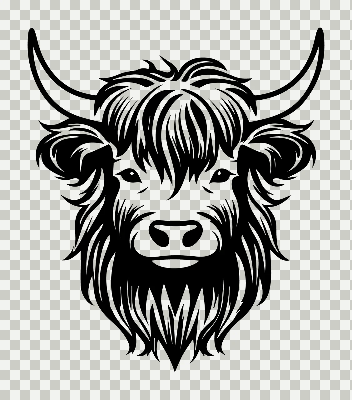 Highland Cattle Head With Large Horns shaggy hair black white transparency and detail preview thumbnail