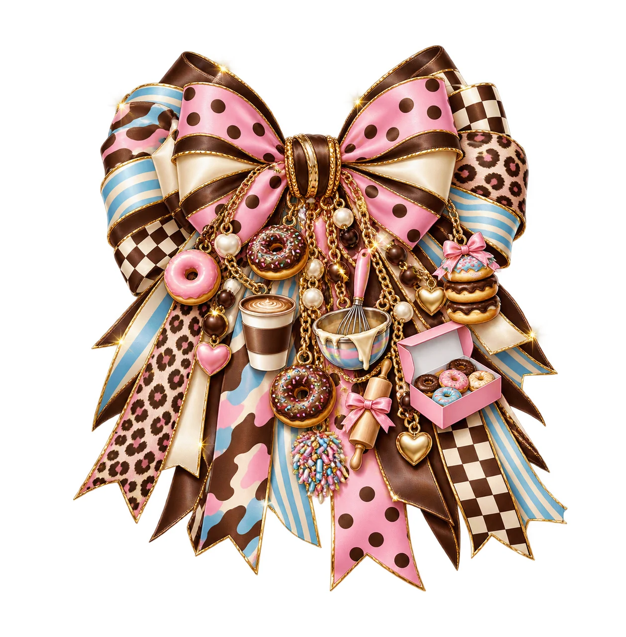 Donut Lover Bow Charm PNG, Themed Gold Chain Charms, Coquette Ribbon Sublimation Design, Transparent Digital Download