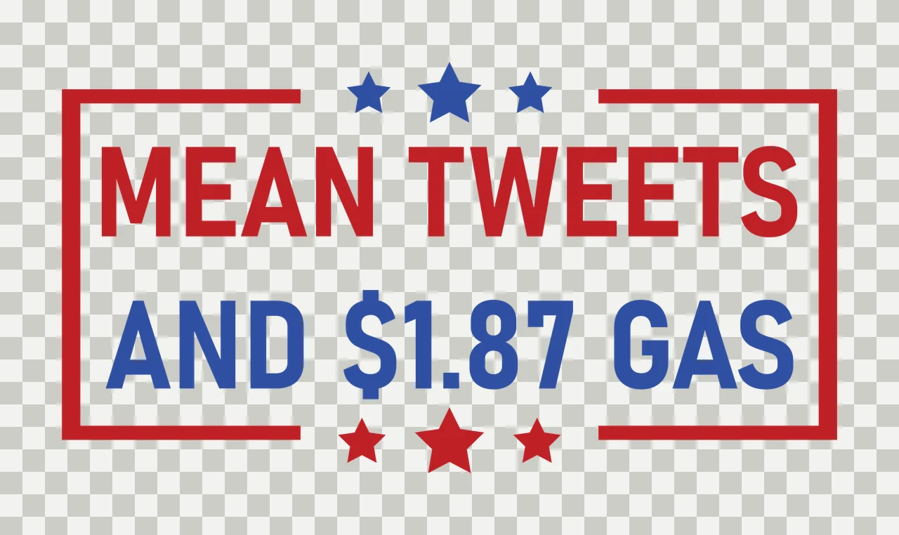 MEAN TWEETS AND $1.87 GAS typographic slogan Design with red border frame, blue stars, text layout and five-pointed stars in white transparency and detail preview thumbnail