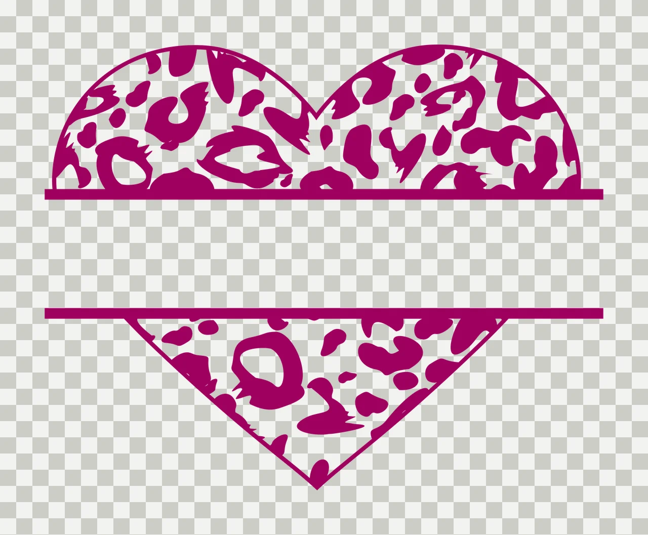 Split heart monogram frame with leopard print pattern, animal spots and horizontal frame bars in magenta and white transparency and detail preview thumbnail