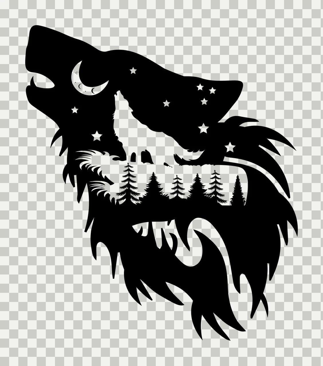 Wolf head silhouette Illustration with howling wolf, crescent moon, stars and pine trees in black and white transparency and detail preview thumbnail