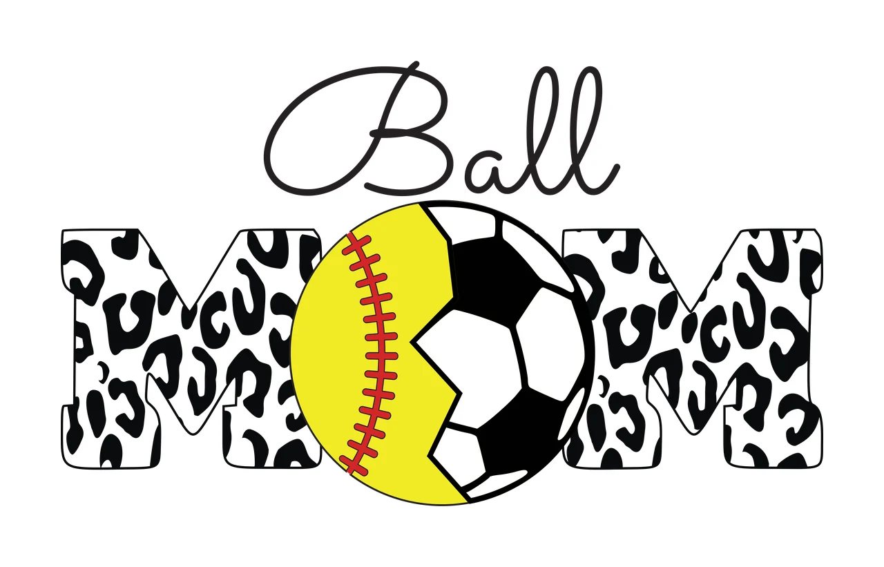 Ball MOM Ball MOM Design with black cursive 'Ball', leopard-print letters 'MOM', yellow softball with red stitching and black-and-white soccer ball