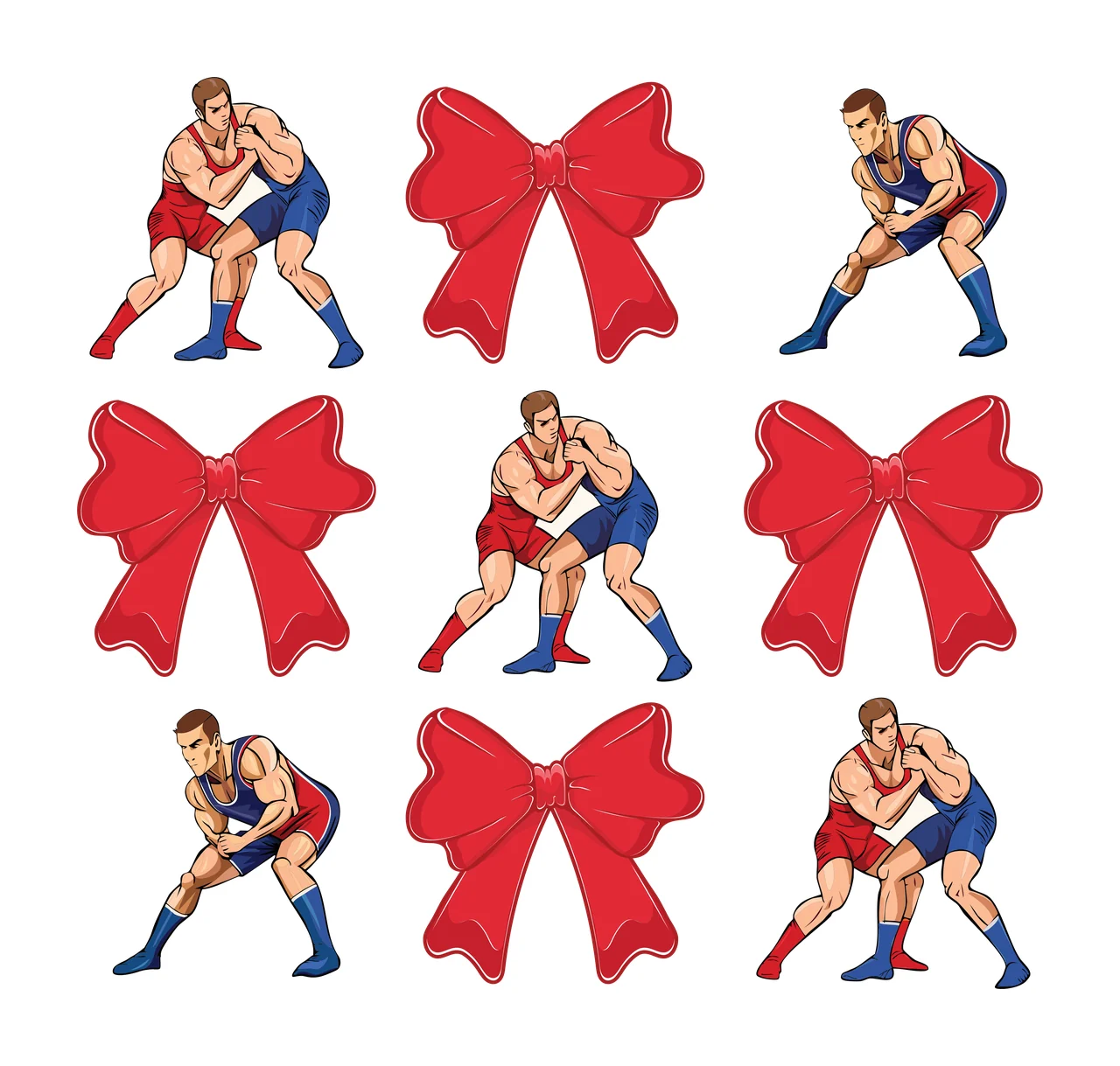 Wrestling Grid Of Black Silhouettes Featuring Figures and bows