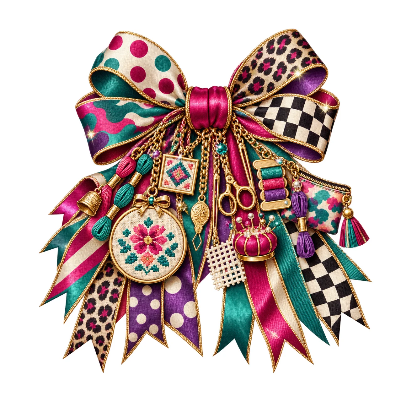 Needlepoint Artist Bow Charm PNG, Themed Gold Chain Charms, Coquette Ribbon Sublimation Design, Transparent Digital Download