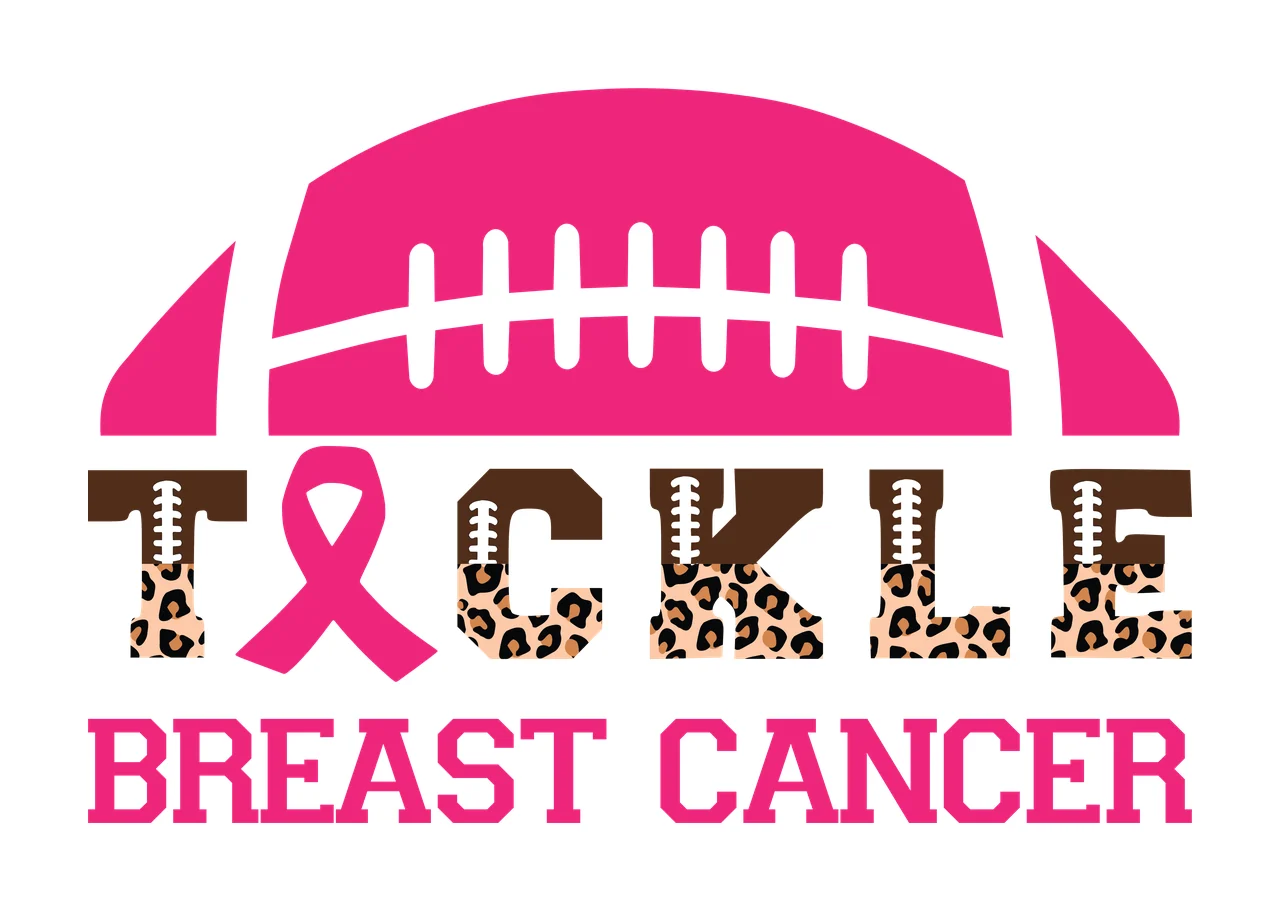 Tackle Breast Cancer Football Graphic Above Text and ribbon