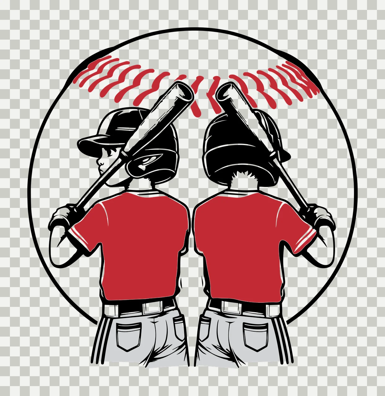 Baseball Two Players Standing Back To With Bats helmets line art transparency and detail preview thumbnail