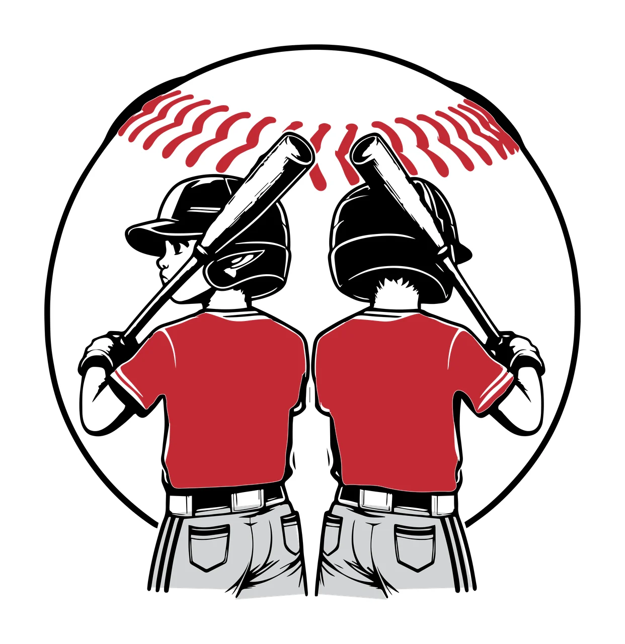 Baseball Two Players Standing Back To With Bats helmets line art