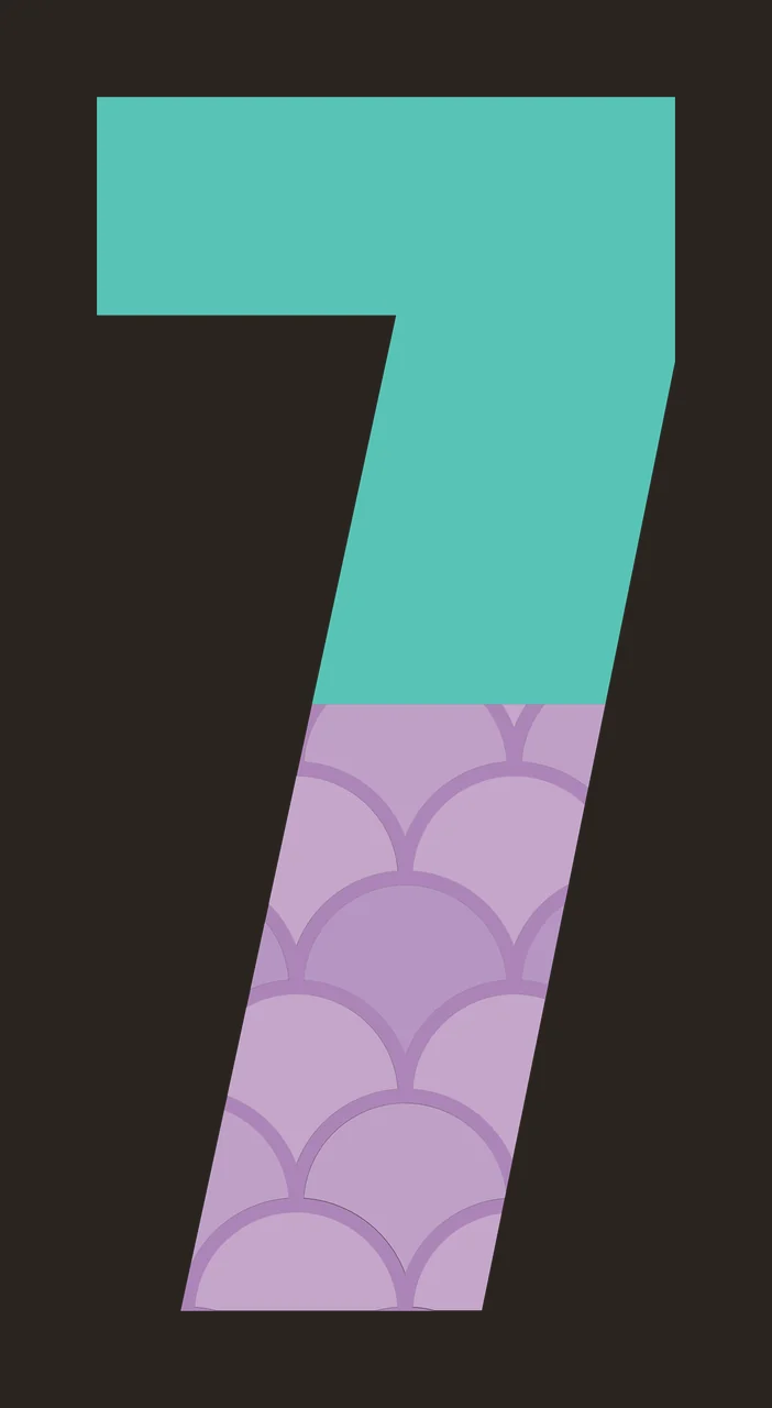 7 Number Design with digit 7, mermaid scales, scallop pattern and teal section in turquoise and purple contrast preview thumbnail