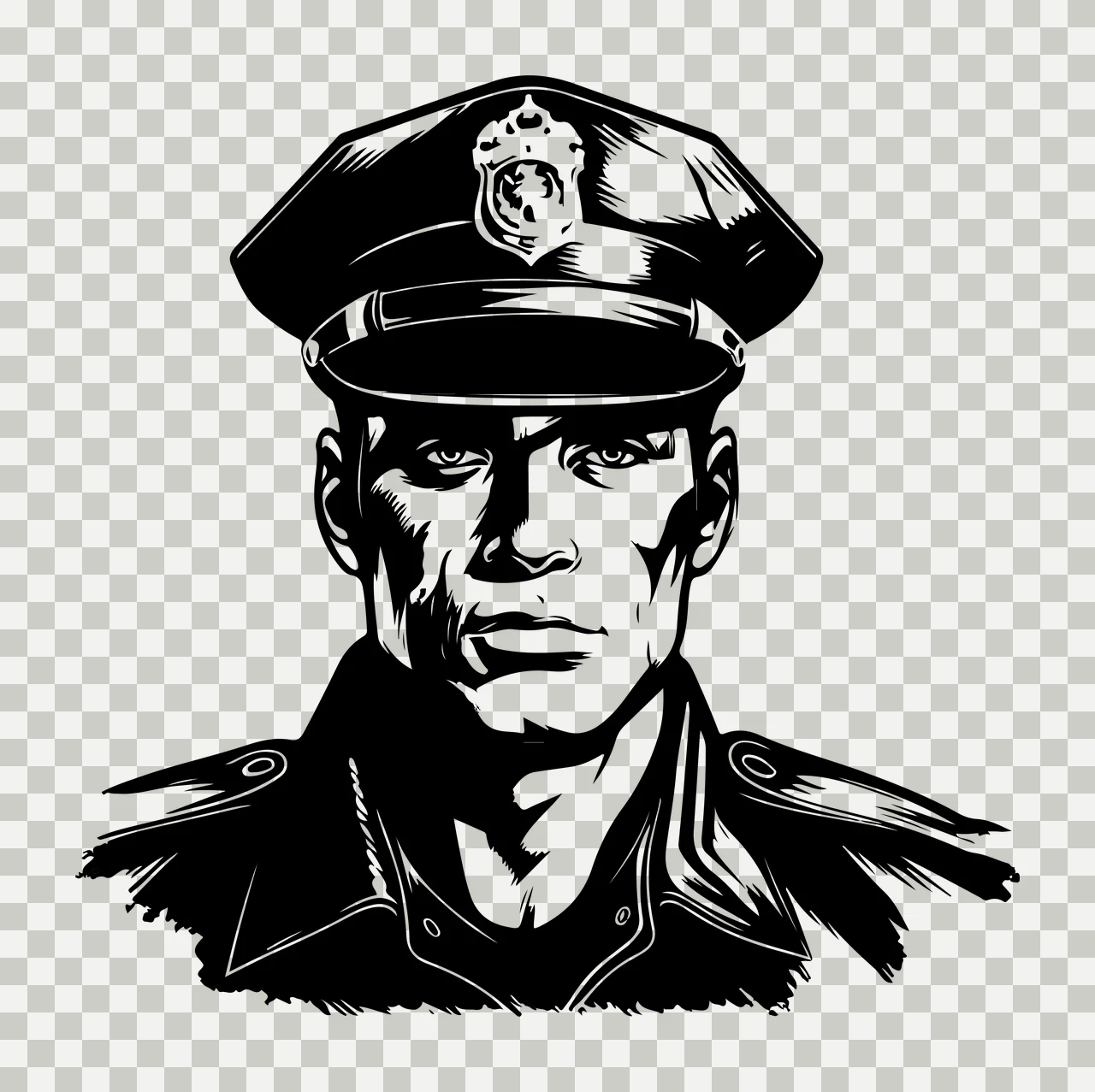 Police Black And White Officer Portrait hat badge jacket sketch transparency and detail preview thumbnail
