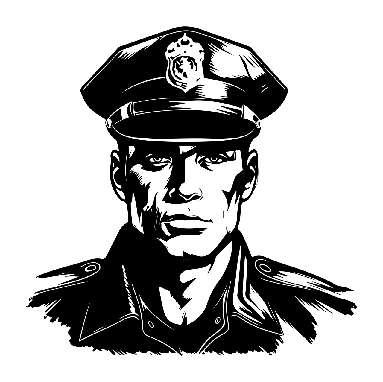 Police Black And White Officer Portrait hat badge jacket sketch