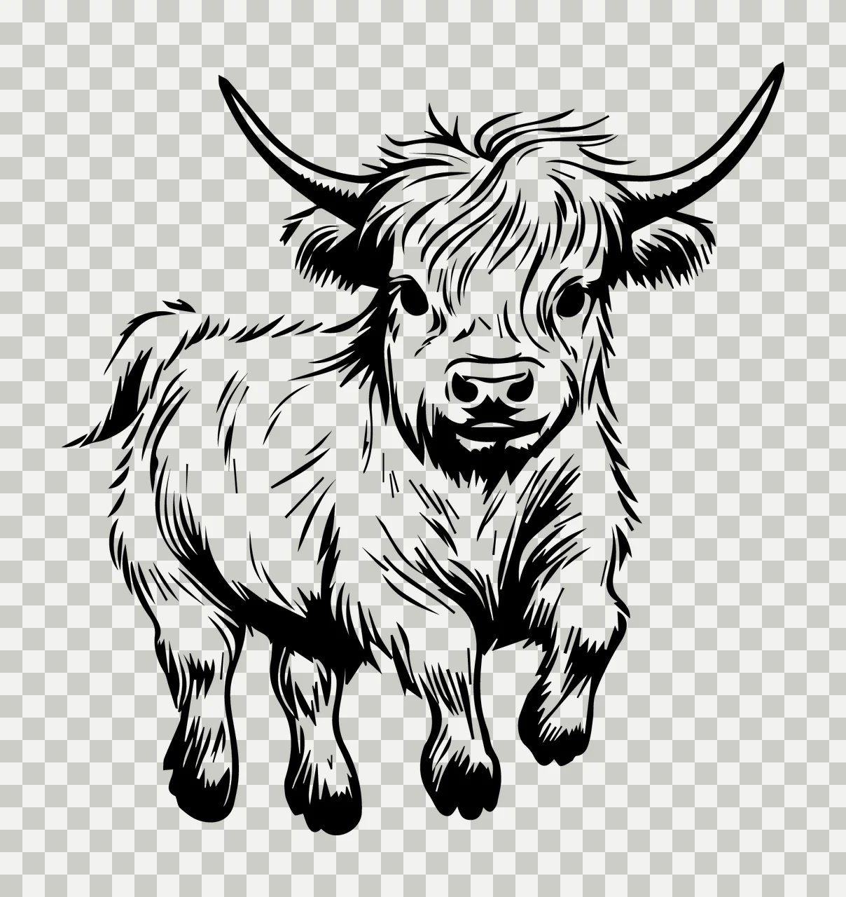 Highland Cow Cattle Calf With Long Horns standing shaggy fur transparency and detail preview thumbnail