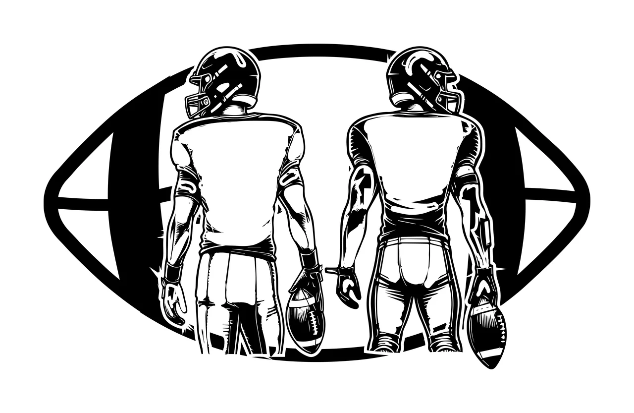 Football Players Standing Inside Shape helmets jerseys black and white