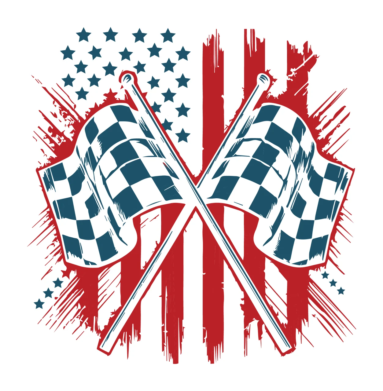 Distressed Checkered Flags Over American Motif crossed stars