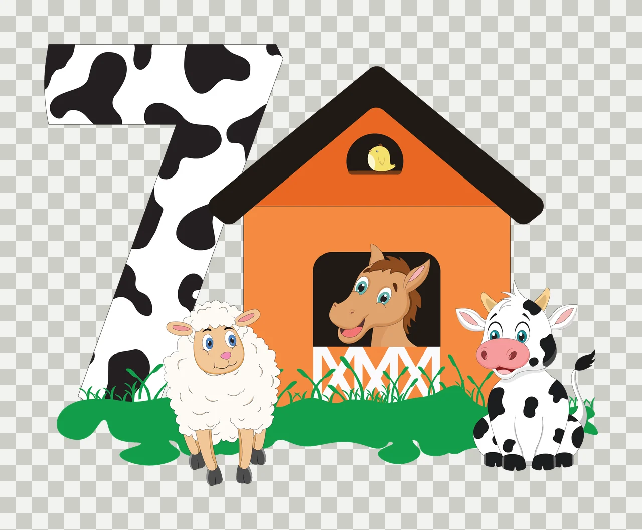 Cow 7 Number Seven With Farmhouse Scene standing house sheep transparency and detail preview thumbnail