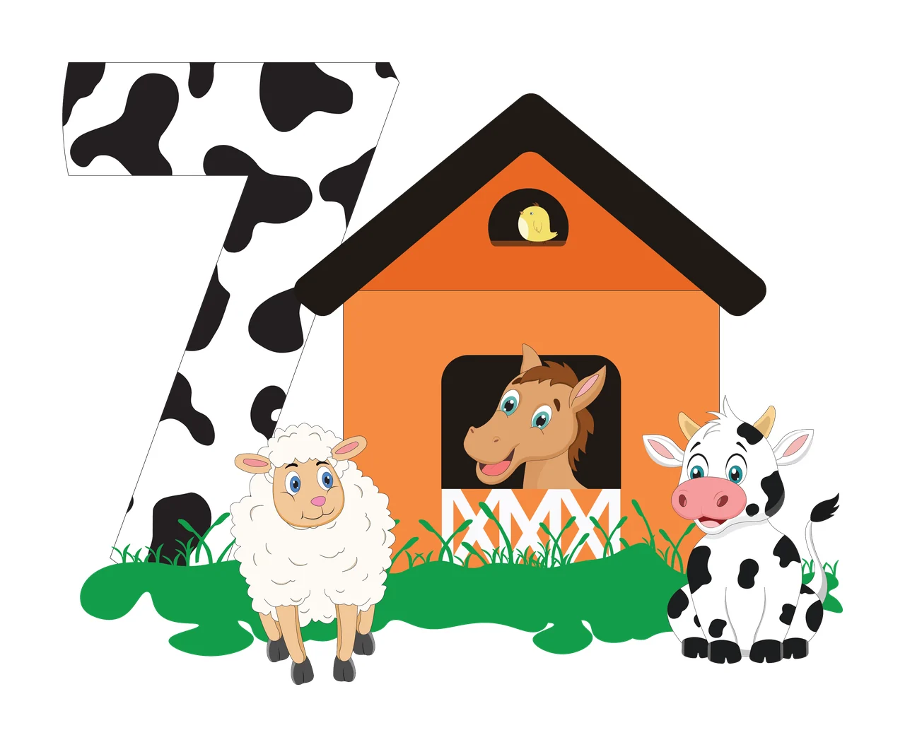 Cow 7 Number Seven With Farmhouse Scene standing house sheep