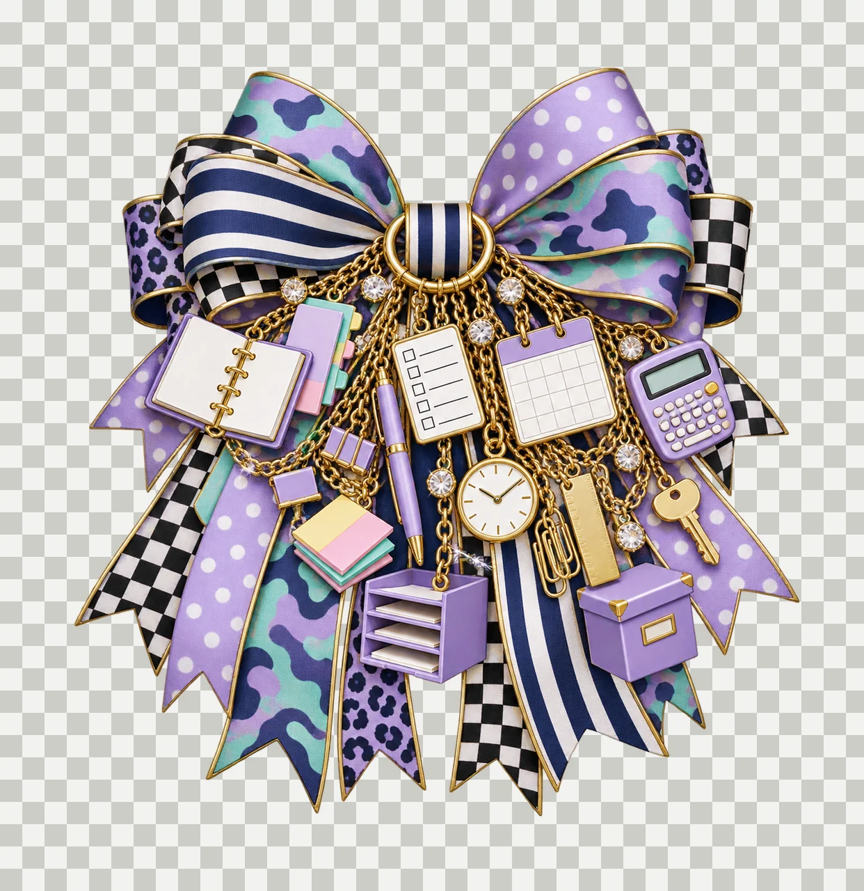 Planner Organizer Bow Charm PNG, Blank Planner Tabs Pens and Calendar Charms, Stationery Sublimation Design transparency and detail preview thumbnail