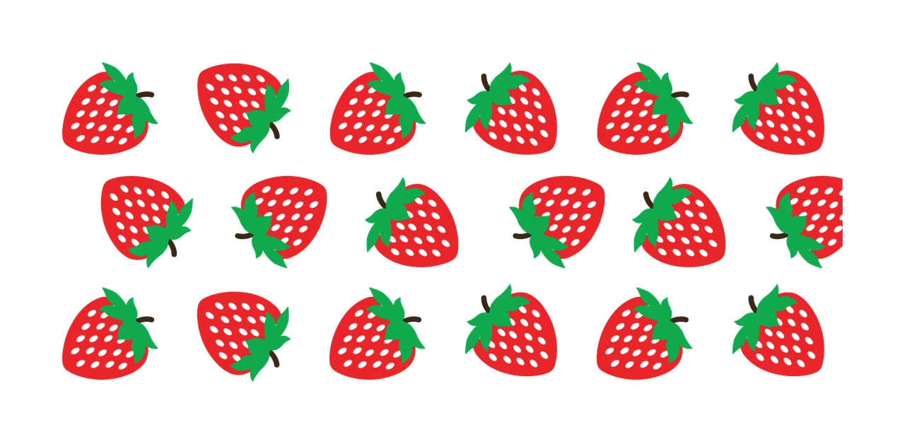 Strawberry pattern Illustration with strawberries, green leaves, brown stems and white seeds in red