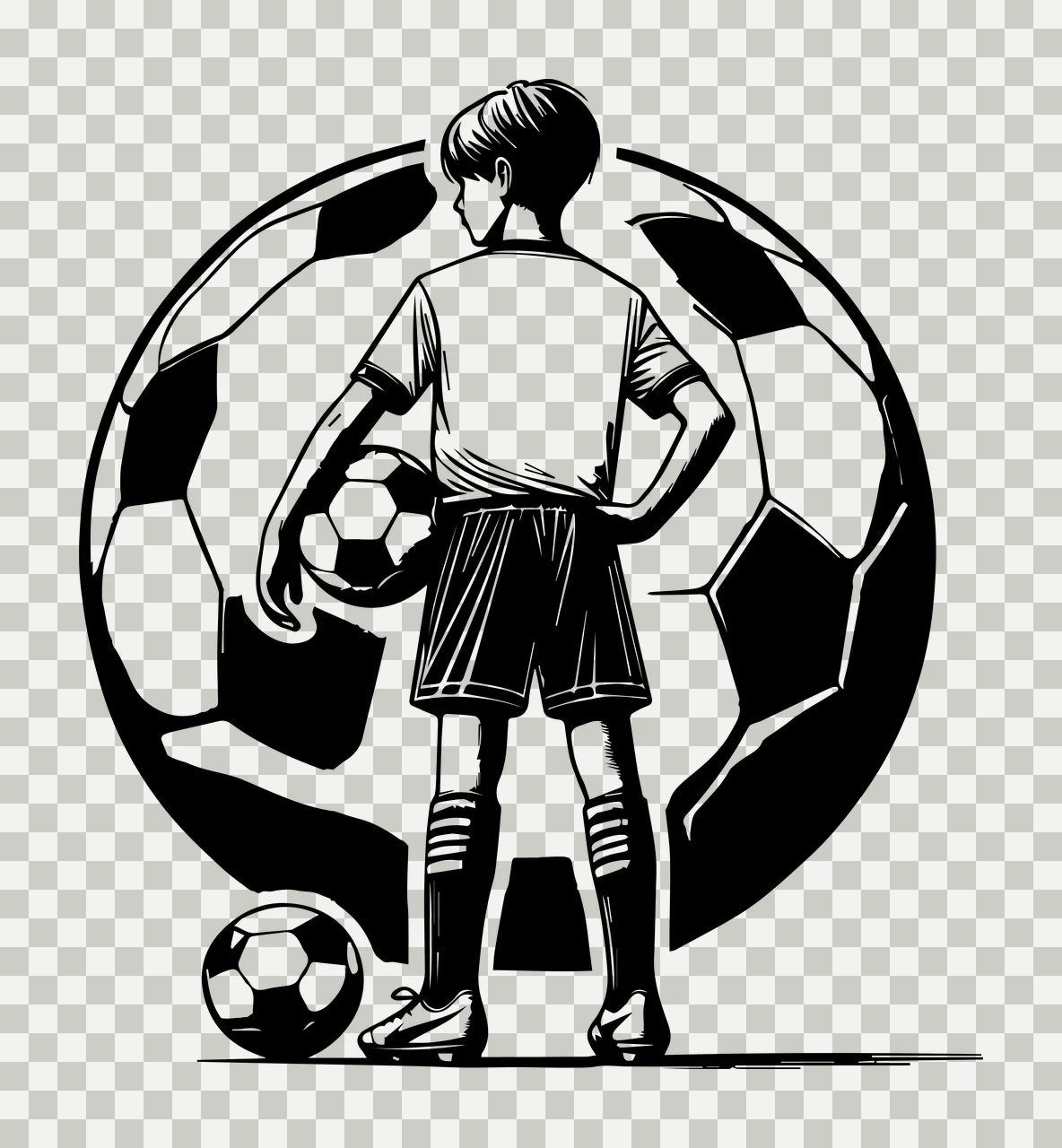 Soccer Ball Player Youth With Large Balls standing black white transparency and detail preview thumbnail