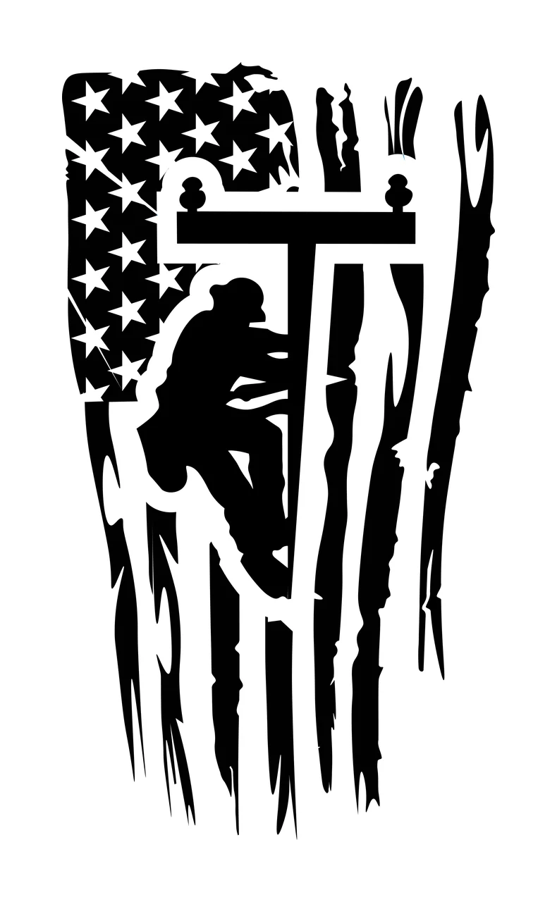 Lineman with utility pole, distressed flag in black, white silhouette Style