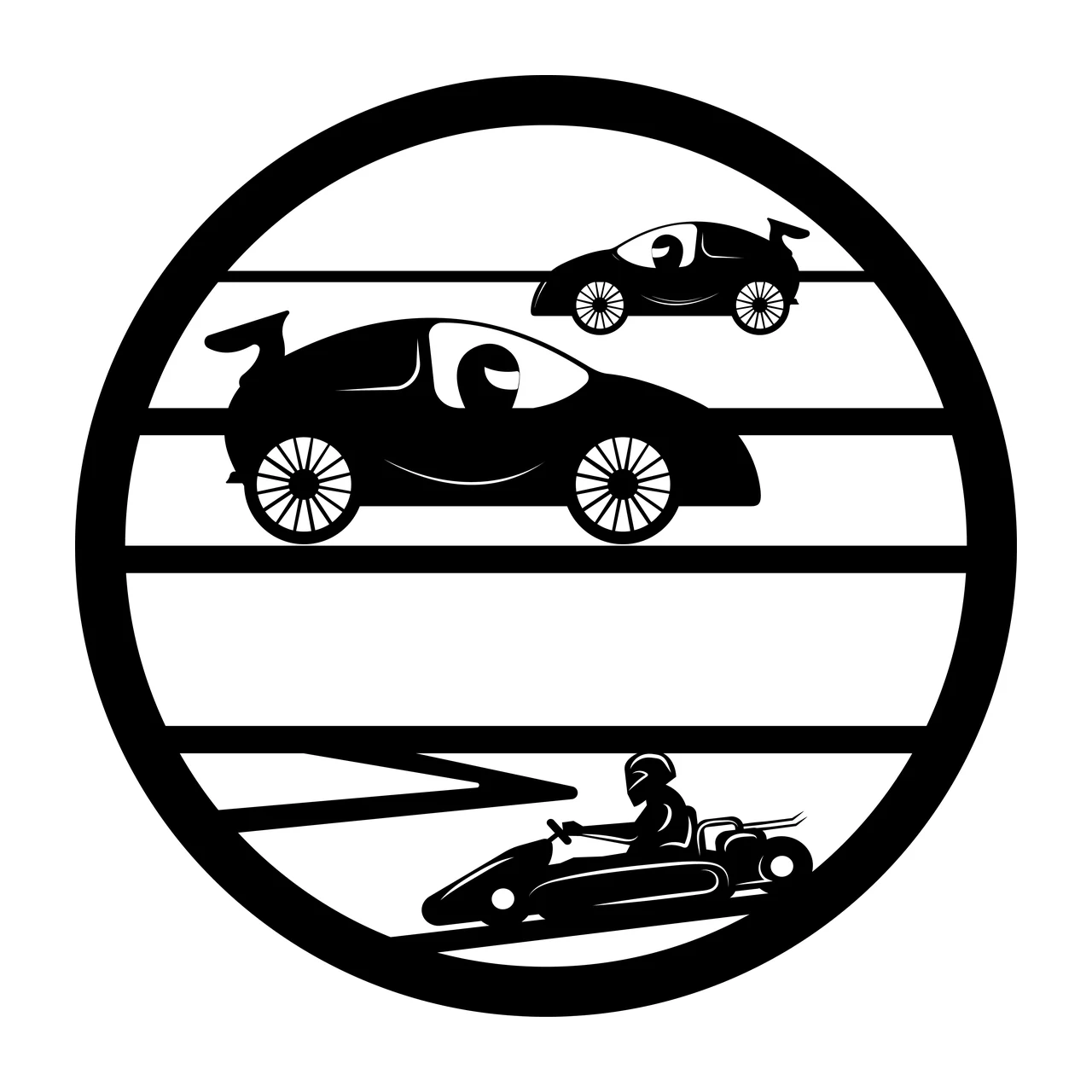 Circular Graphic With Racing Cars And A Driver circle black