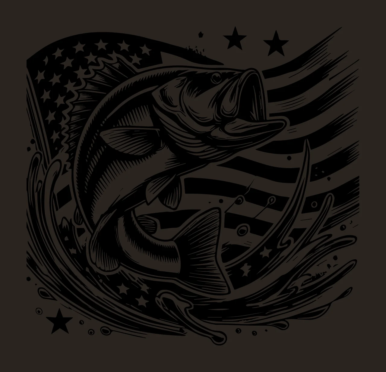 Fish Jumping Before American Flag water splashes stars engraving contrast preview thumbnail