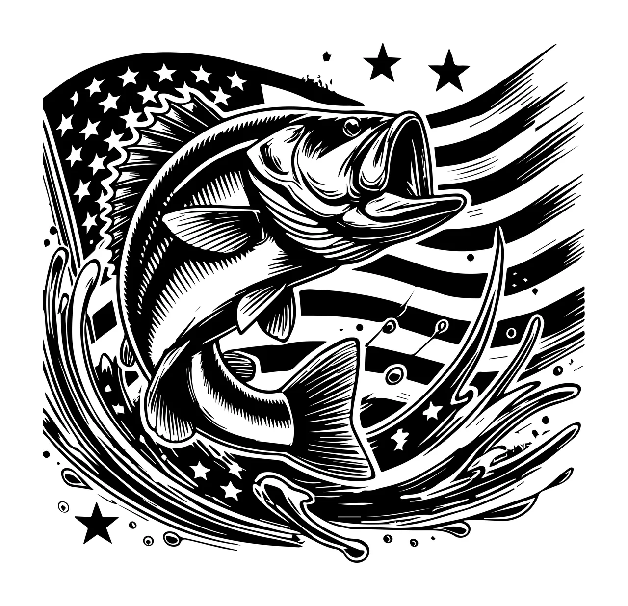 Fish Jumping Before American Flag water splashes stars engraving