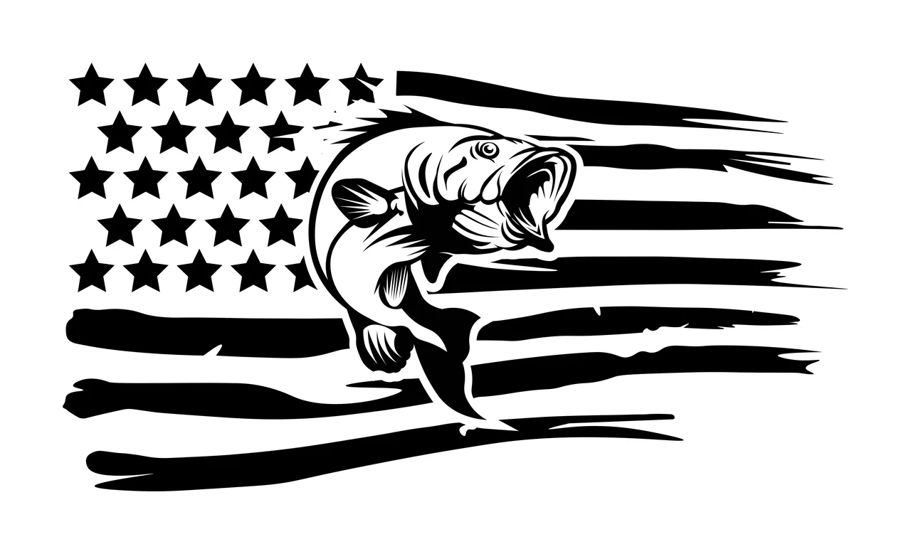 Fishing Fish Jumping Over American Flag Stripes stars distressed