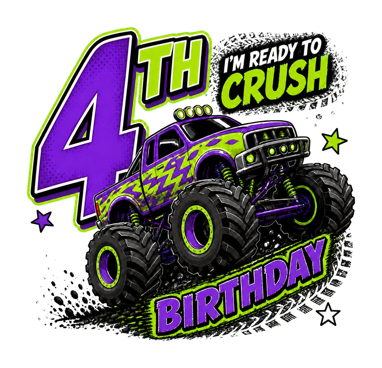 1 Monster Truck Birthday PNG, I'm Ready to Crush 4th Birthday Sublimation Design, Purple Green Truck Boy Shirt Clipart Download PNG File