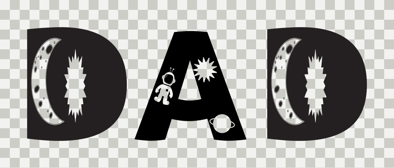 DAD space theme typography with DAD lettering, crescent moon, astronaut and sun in black and white transparency and detail preview thumbnail