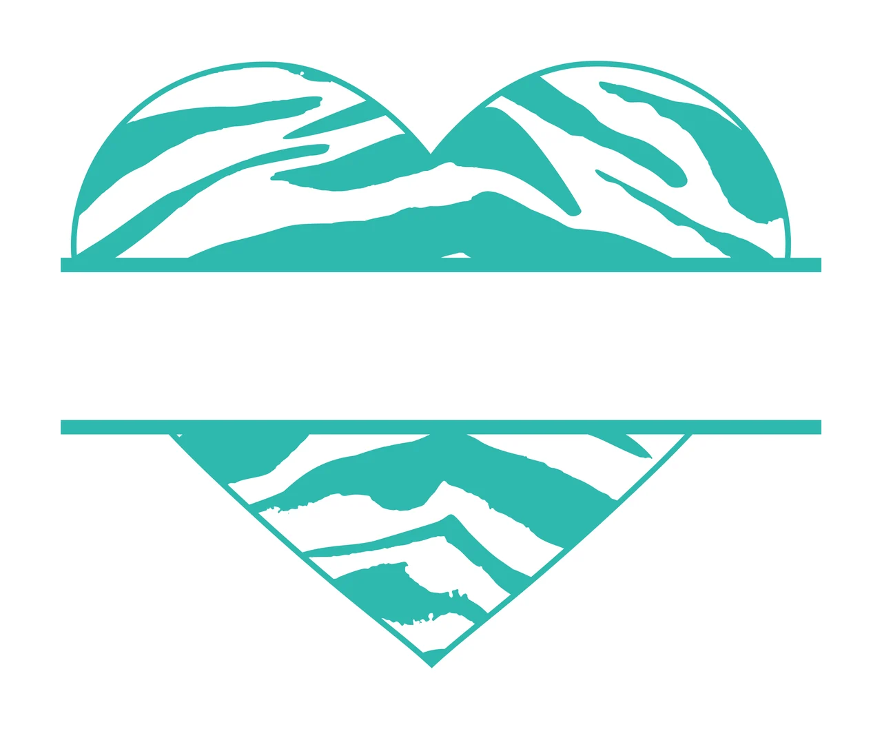 Split heart monogram frame with horizontal bar frame, zebra print pattern, tiger stripes and blank space in teal and white