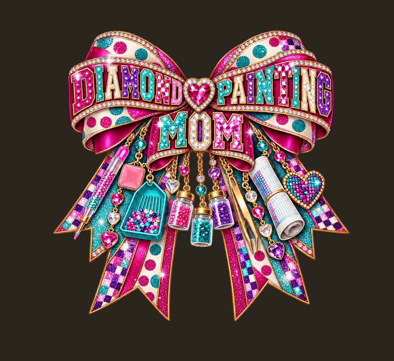 Diamond Painting Mom Bow Charm PNG, Patterned Varsity Mom Ribbon Clipart, Transparent Sublimation Digital Download contrast preview thumbnail
