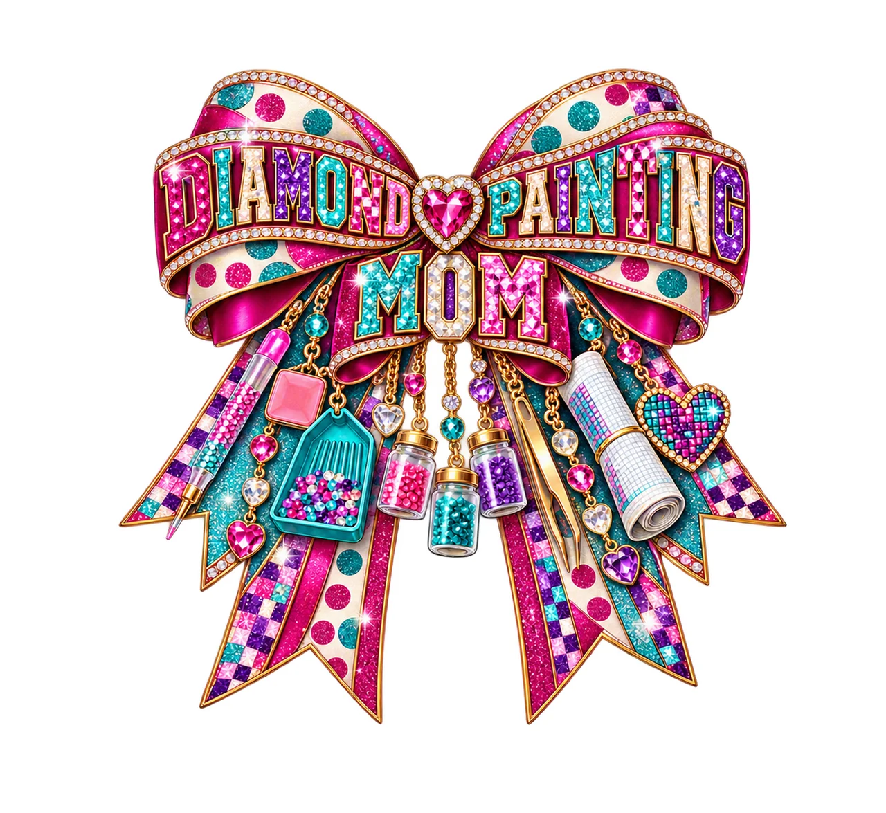 Diamond Painting Mom Bow Charm PNG, Patterned Varsity Mom Ribbon Clipart, Transparent Sublimation Digital Download
