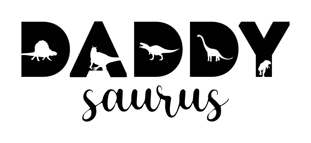 DADDY saurus Typography Design with DADDY lettering, saurus script font, dinosaur silhouettes and sauropod silhouette in black and white