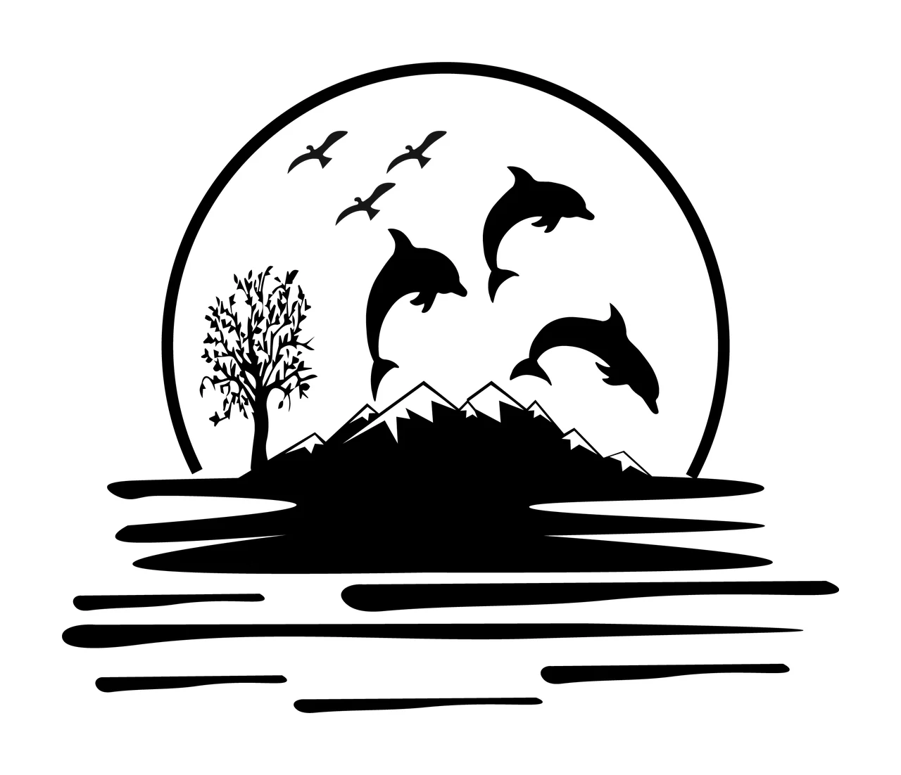 Tree Dolphins Jumping Near Mountain Silhouette sun mountains