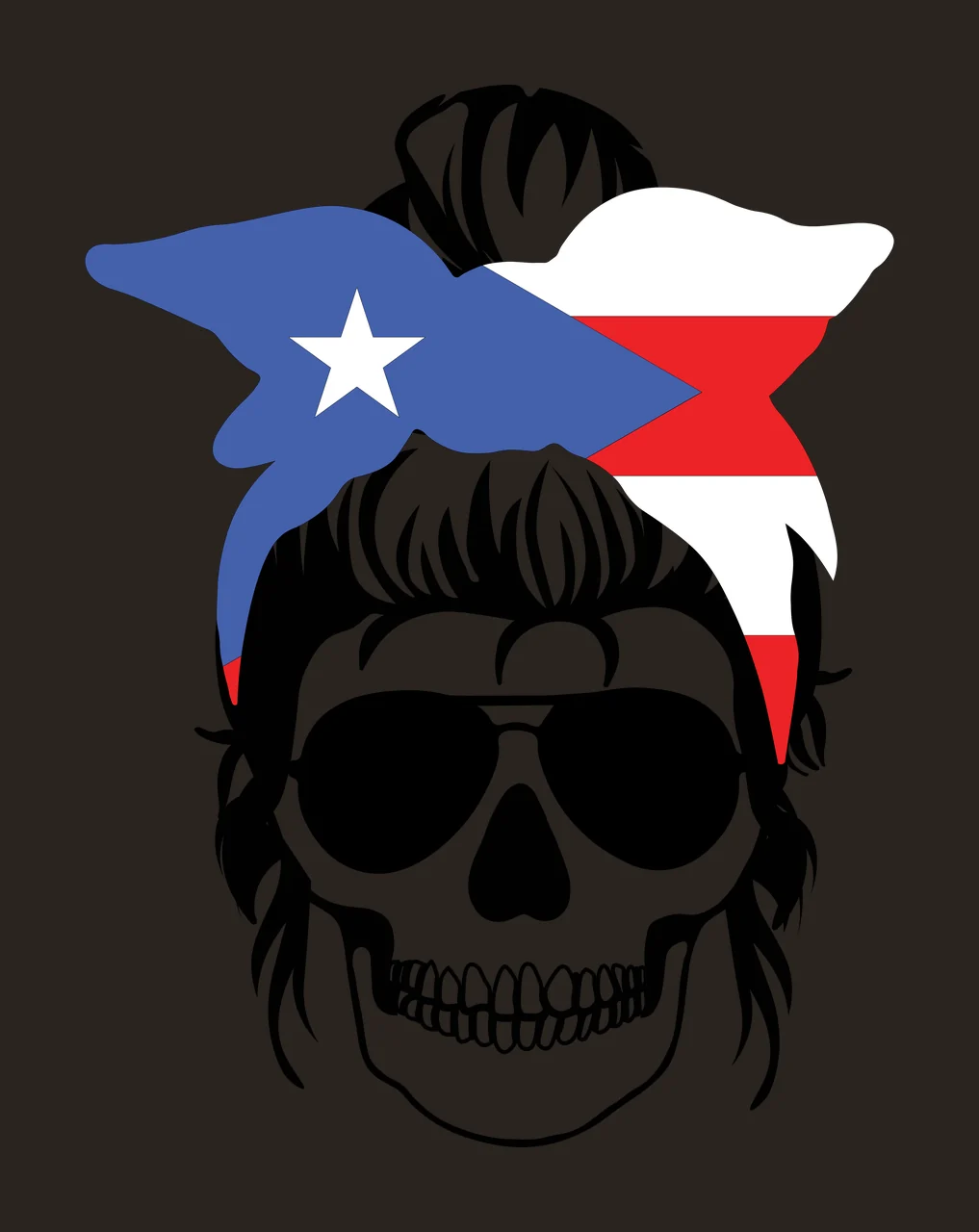Skull Illustration with messy bun hair, aviator sunglasses, bandana and star in black, white and blue contrast preview thumbnail