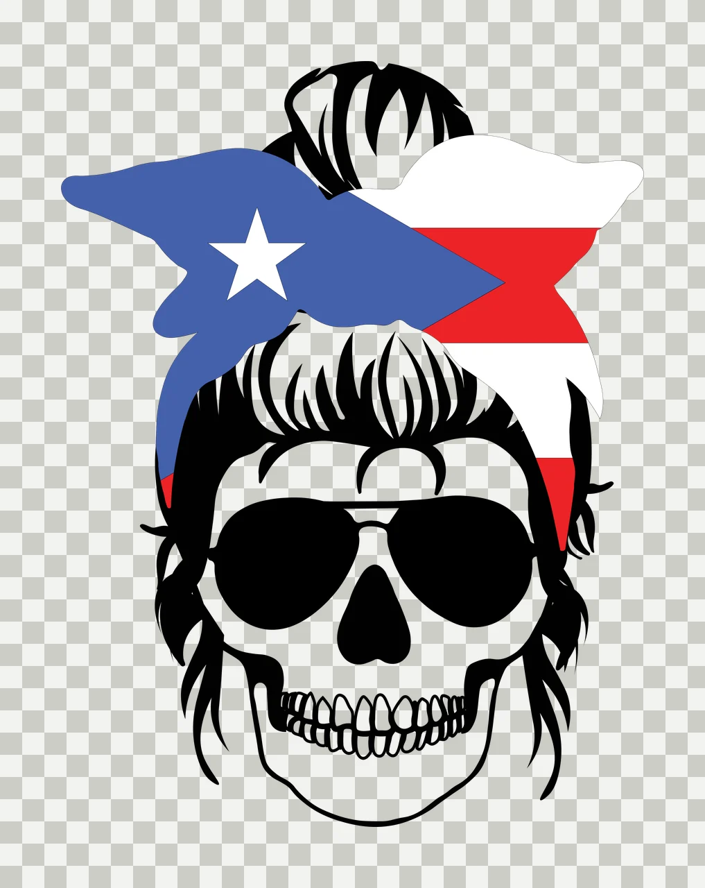 Skull Illustration with messy bun hair, aviator sunglasses, bandana and star in black, white and blue transparency and detail preview thumbnail